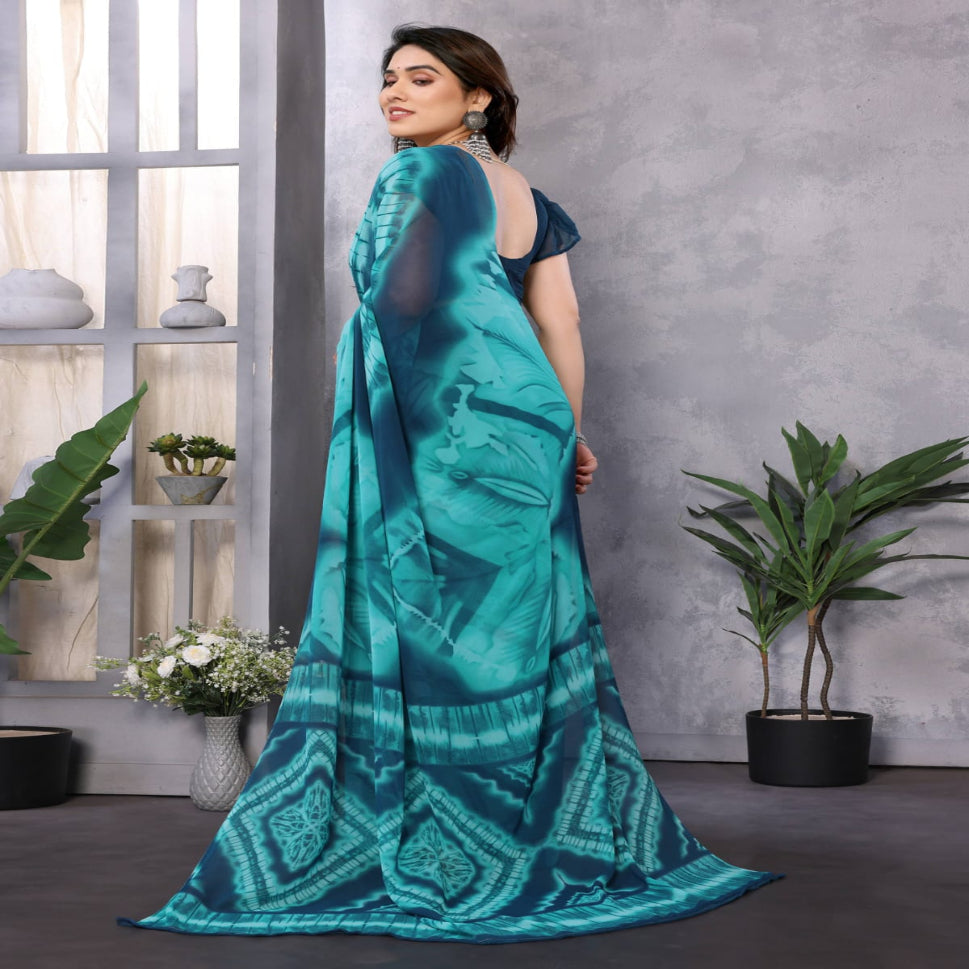 Elegant Royal Blue Tie-Dye Printed Saree – Stylish Party & Casual Wear