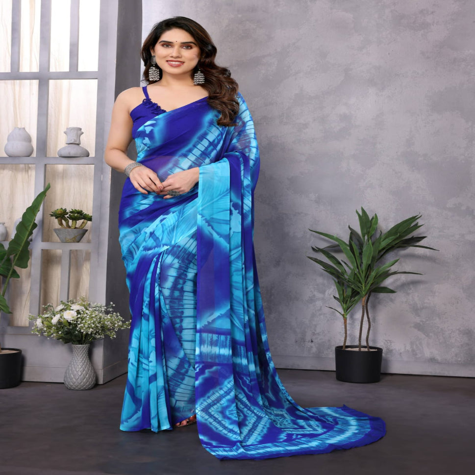 Elegant Royal Blue Tie-Dye Printed Saree – Stylish Party & Casual Wear