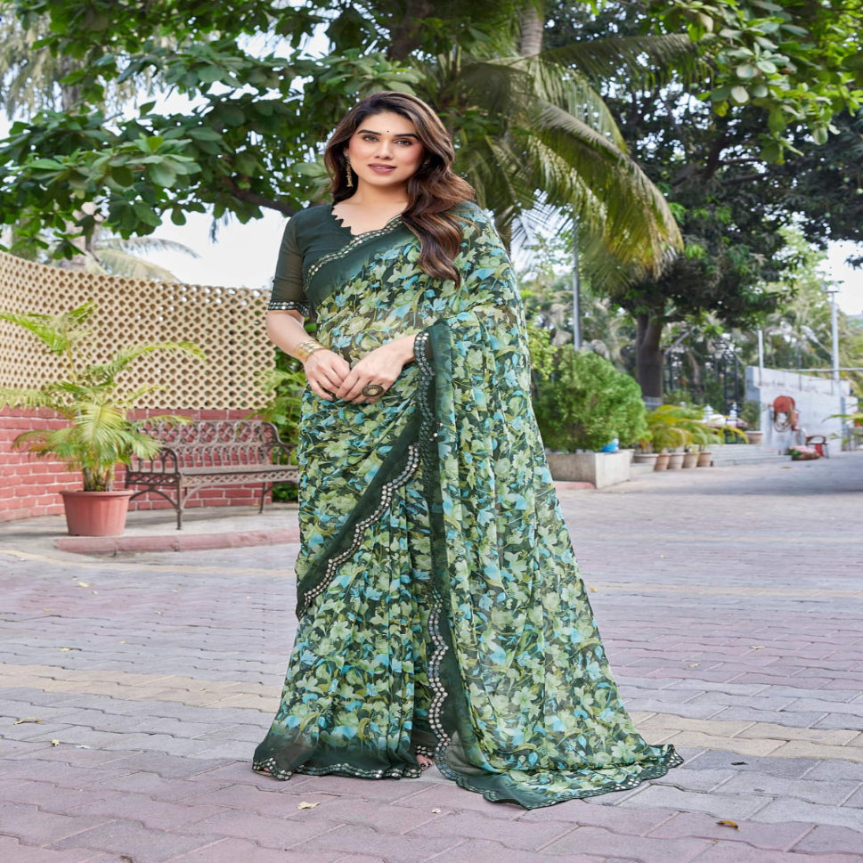 Elegant Brown Floral Printed Chiffon Saree with Designer Border – Stylish Party & Festive Wear