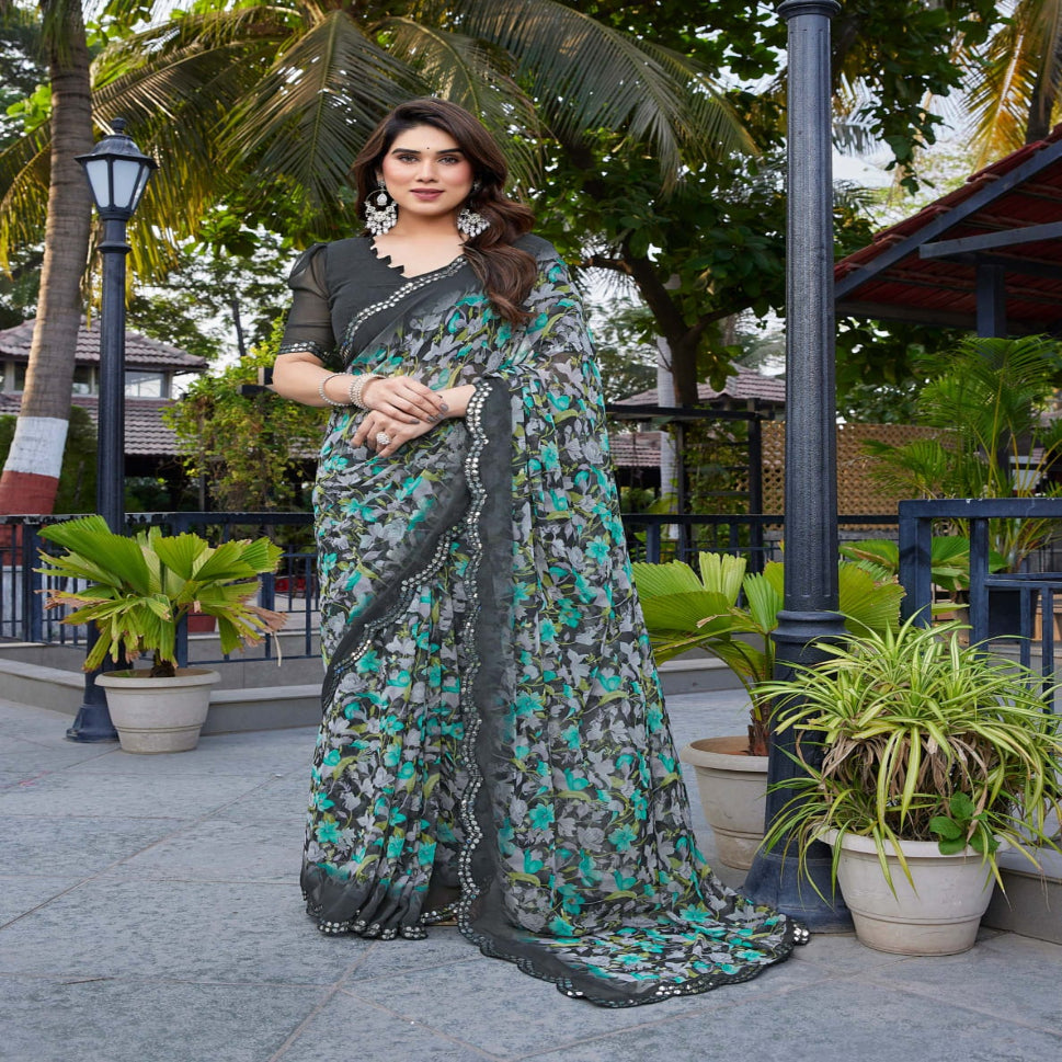 Elegant Brown Floral Printed Chiffon Saree with Designer Border – Stylish Party & Festive Wear