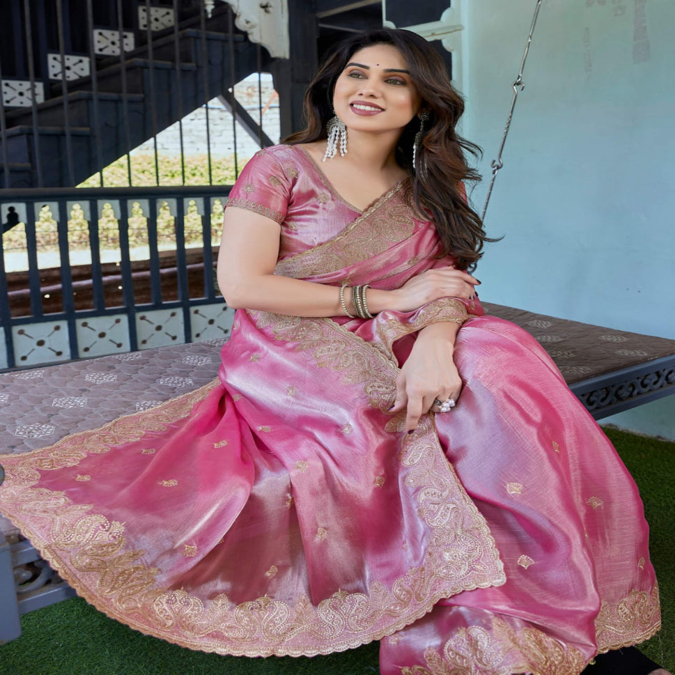 Elegant Embroidered Saree with Silver Designer Border – Party & Festive Wear