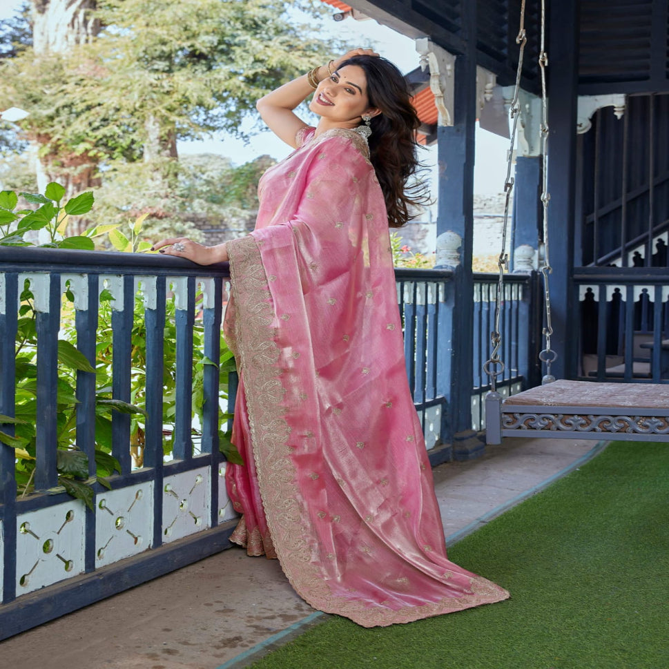 Elegant Embroidered Saree with Silver Designer Border – Party & Festive Wear