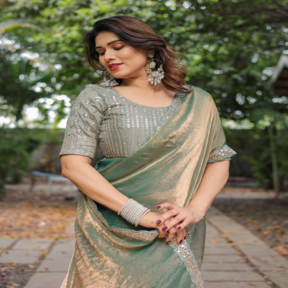 Elegant Steel Grey Saree with Teal Blue Designer Border – Party & Festive Wear
