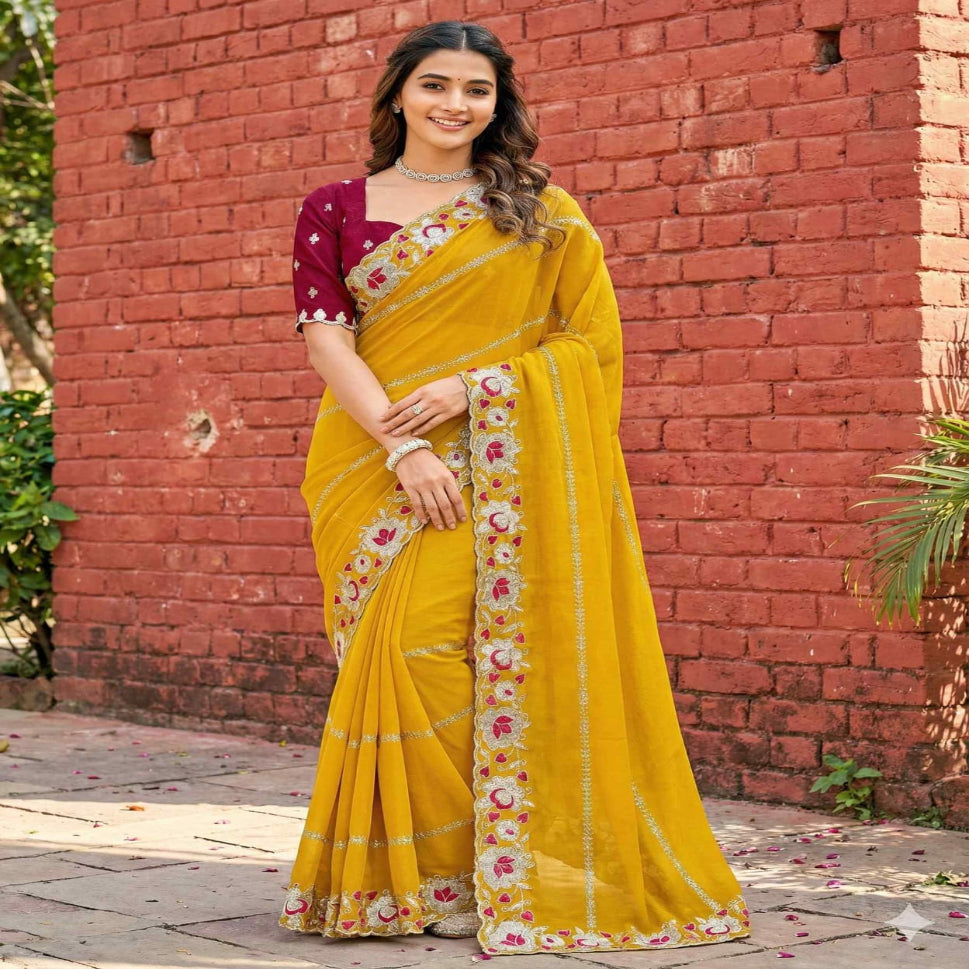 Elegant Mustard Yellow Embroidered Saree with Floral Designer Border – Festive & Party Wear