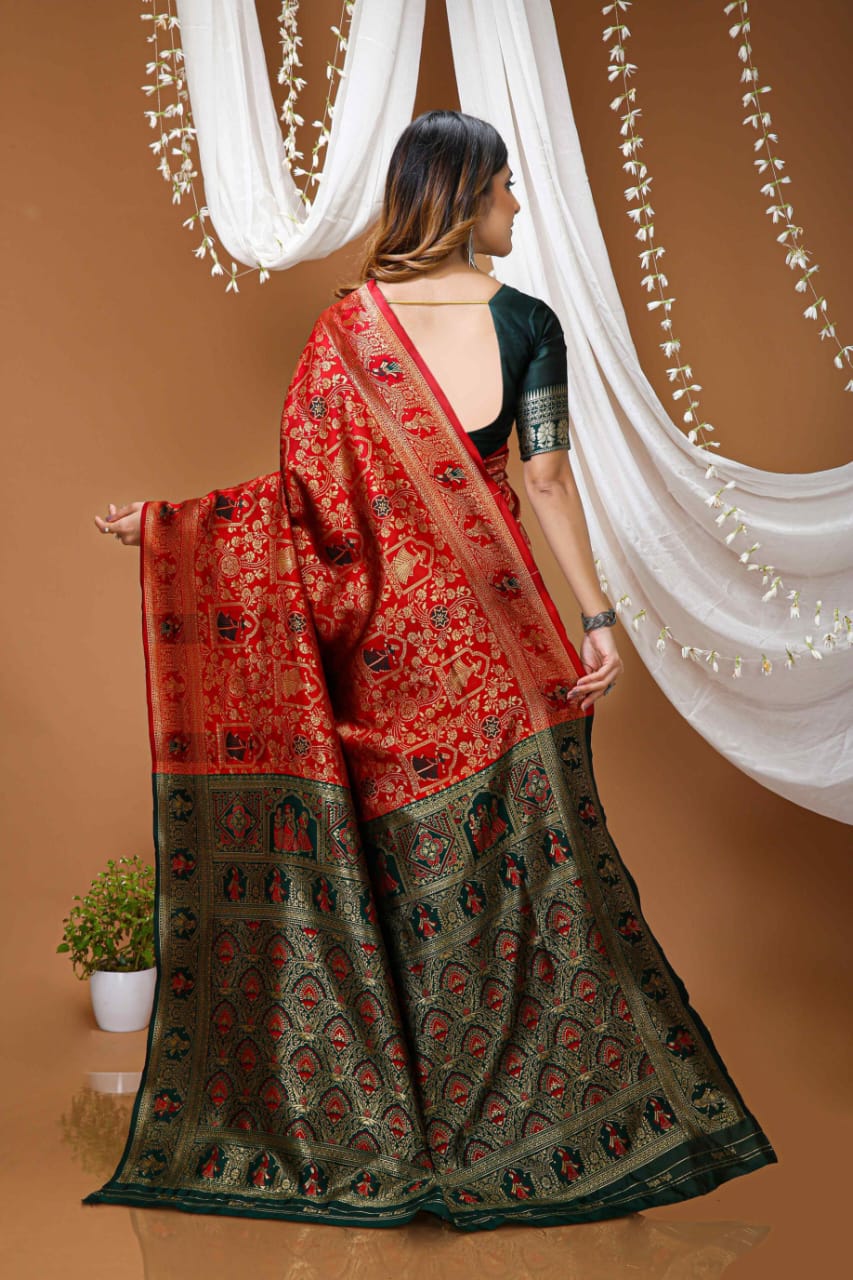 Elegant Red Banarasi Style Zari Woven Saree with Rich Designer Pallu – Wedding & Festive Wear