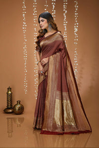 Elegant Maroon Banarasi Style Zari Woven Saree with Rich Golden Pallu – Wedding & Festive Wear