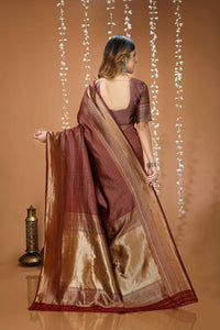 Elegant Maroon Banarasi Style Zari Woven Saree with Rich Golden Pallu – Wedding & Festive Wear
