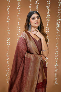 Elegant Maroon Banarasi Style Zari Woven Saree with Rich Golden Pallu – Wedding & Festive Wear