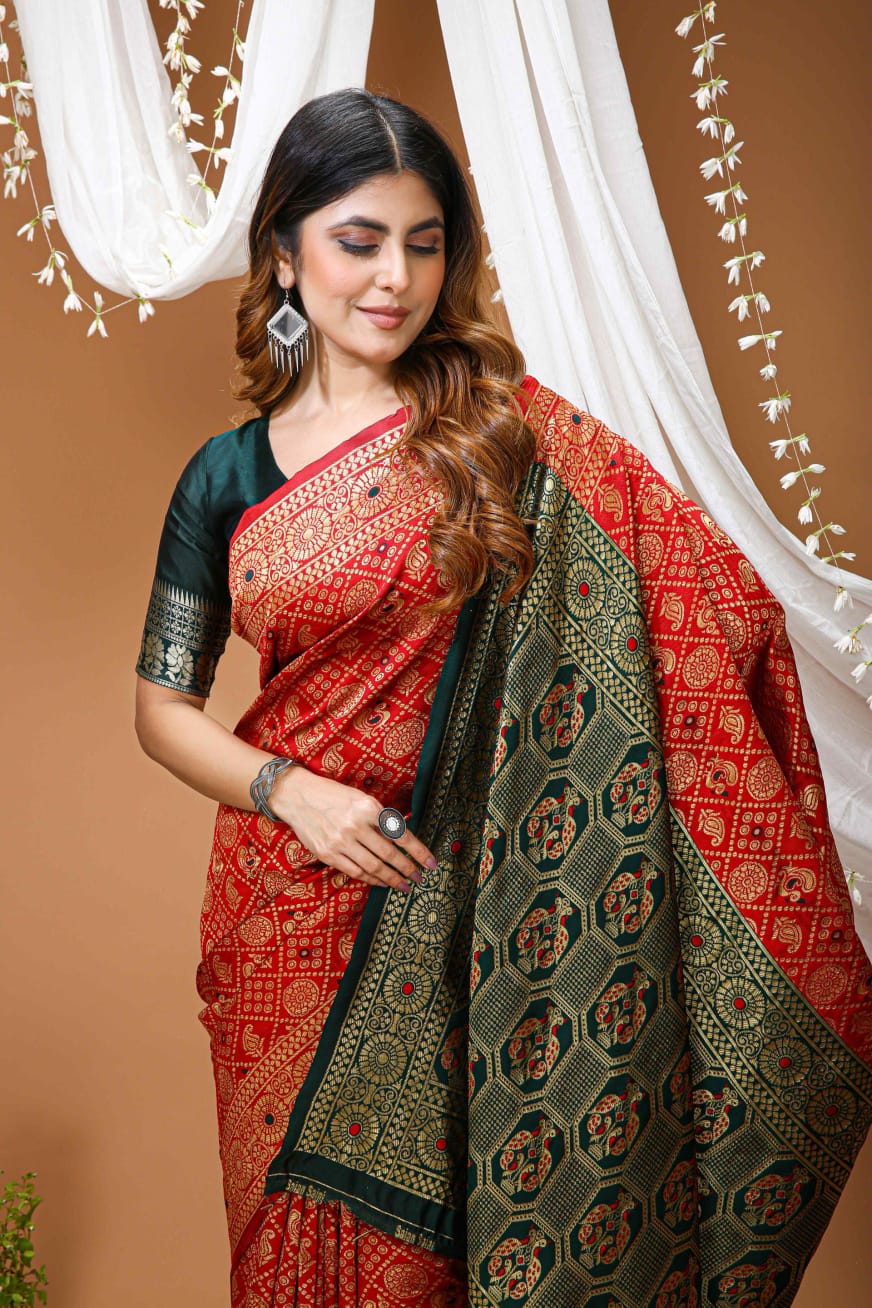 Elegant Red Banarasi Style Zari Woven Saree with Green Designer Border – Wedding & Festive Wear