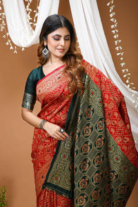 Elegant Red Banarasi Style Zari Woven Saree with Green Designer Border – Wedding & Festive Wear
