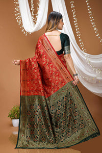 Elegant Red Banarasi Style Zari Woven Saree with Green Designer Border – Wedding & Festive Wear