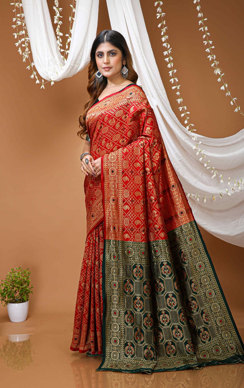 Elegant Red Banarasi Style Zari Woven Saree with Green Designer Border – Wedding & Festive Wear