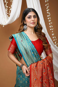 Elegant Red Banarasi Style Zari Woven Saree with Green Designer Border – Wedding & Festive Wear
