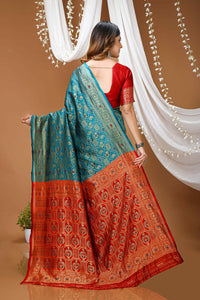 Elegant Red Banarasi Style Zari Woven Saree with Green Designer Border – Wedding & Festive Wear