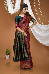 Elegant Red Banarasi Style Zari Woven Saree with Green Designer Border – Wedding & Festive Wear