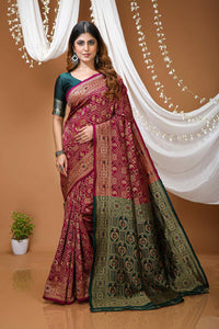 Elegant Red Banarasi Style Zari Woven Saree with Green Designer Border – Wedding & Festive Wear