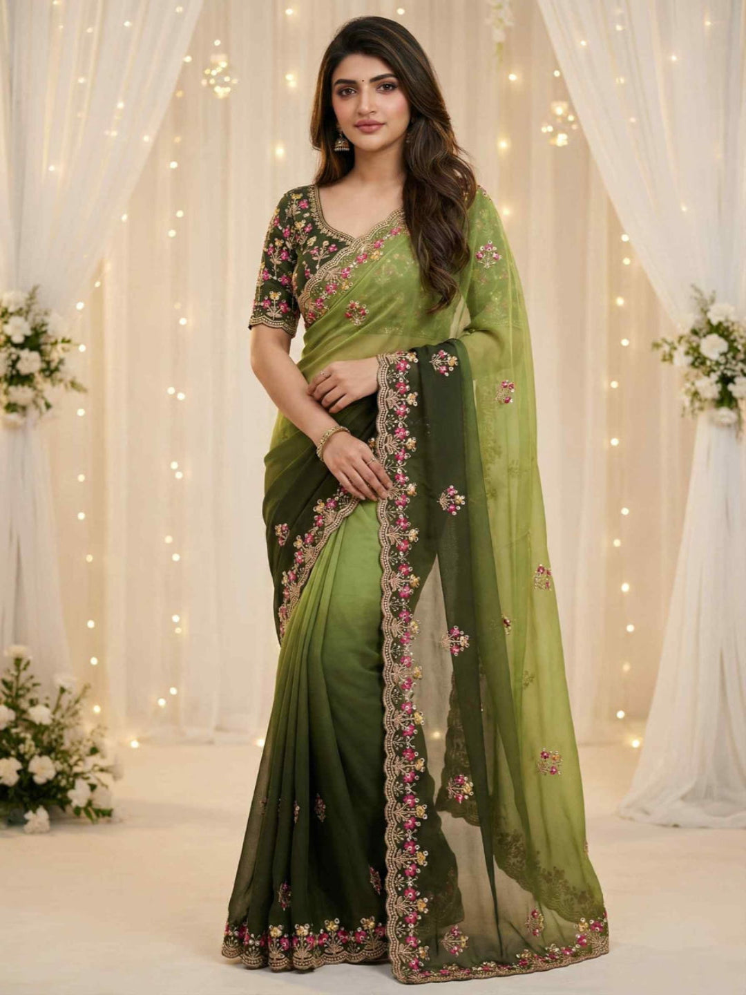 Elegant Olive Green Embroidered Saree with Floral Designer Border – Festive & Party Wear
