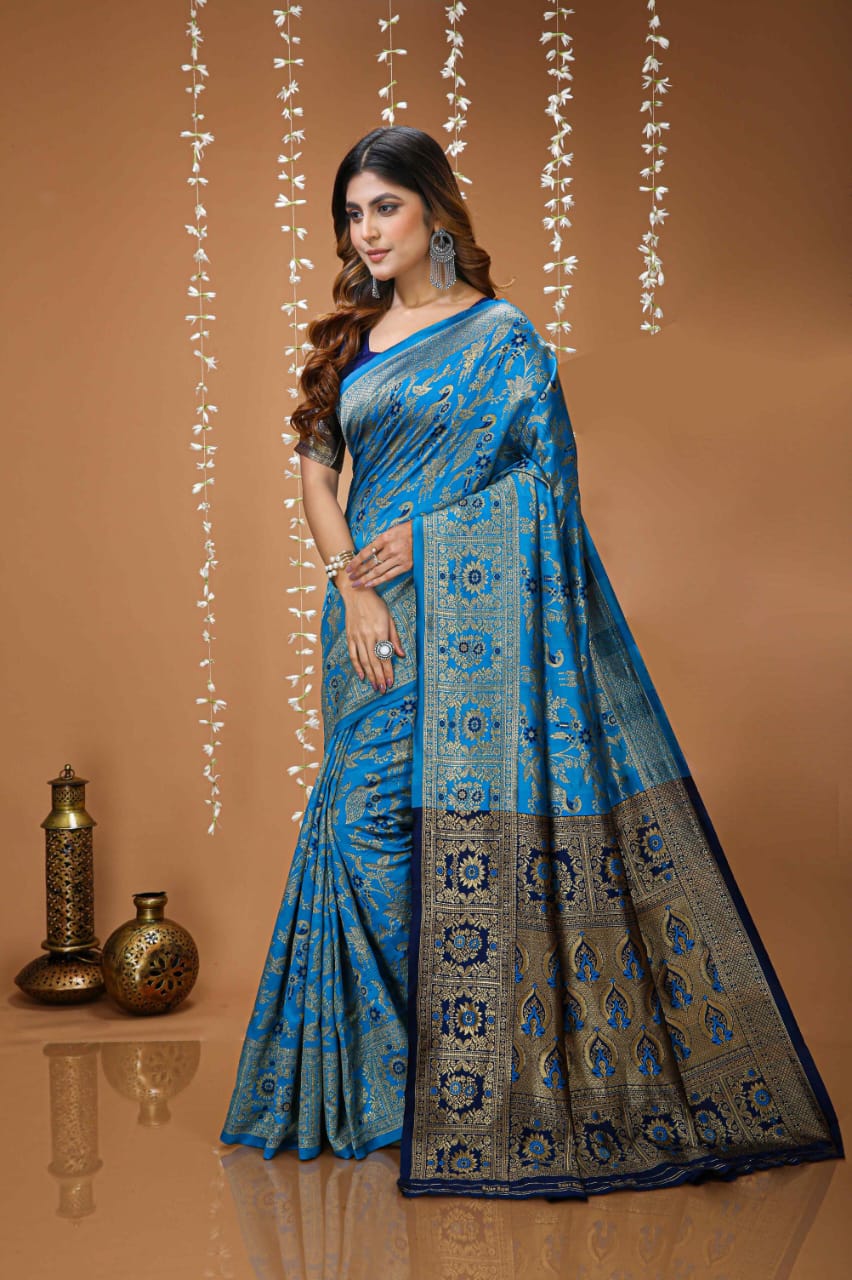 Elegant Royal Blue Banarasi Style Zari Woven Saree with Rich Golden Designer Pallu – Wedding & Festive Wear