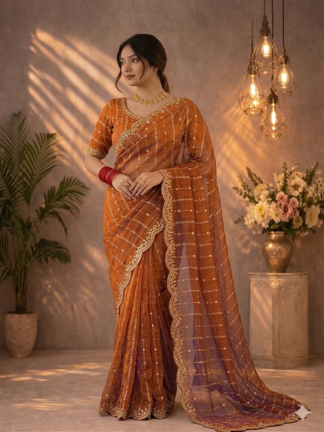 Maroon Embroidered Georgette Saree with Golden Zari Border