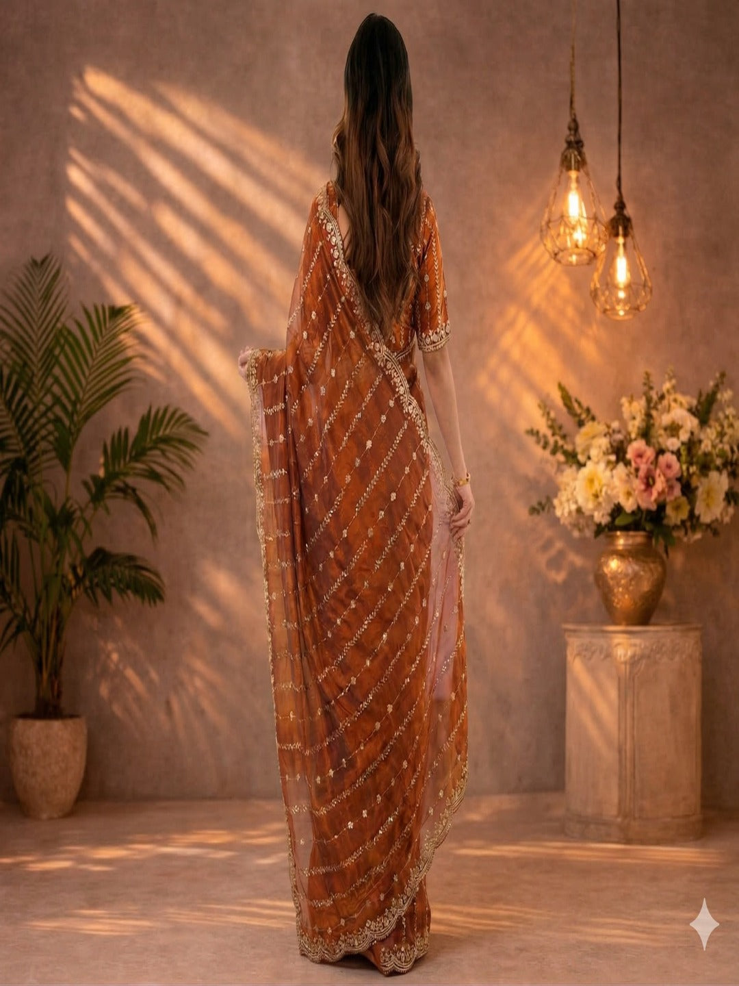 Maroon Embroidered Georgette Saree with Golden Zari Border