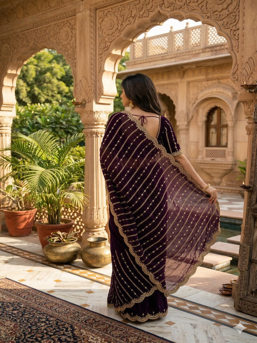 Maroon Embroidered Georgette Saree with Golden Zari Border