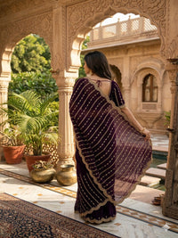 Maroon Embroidered Georgette Saree with Golden Zari Border