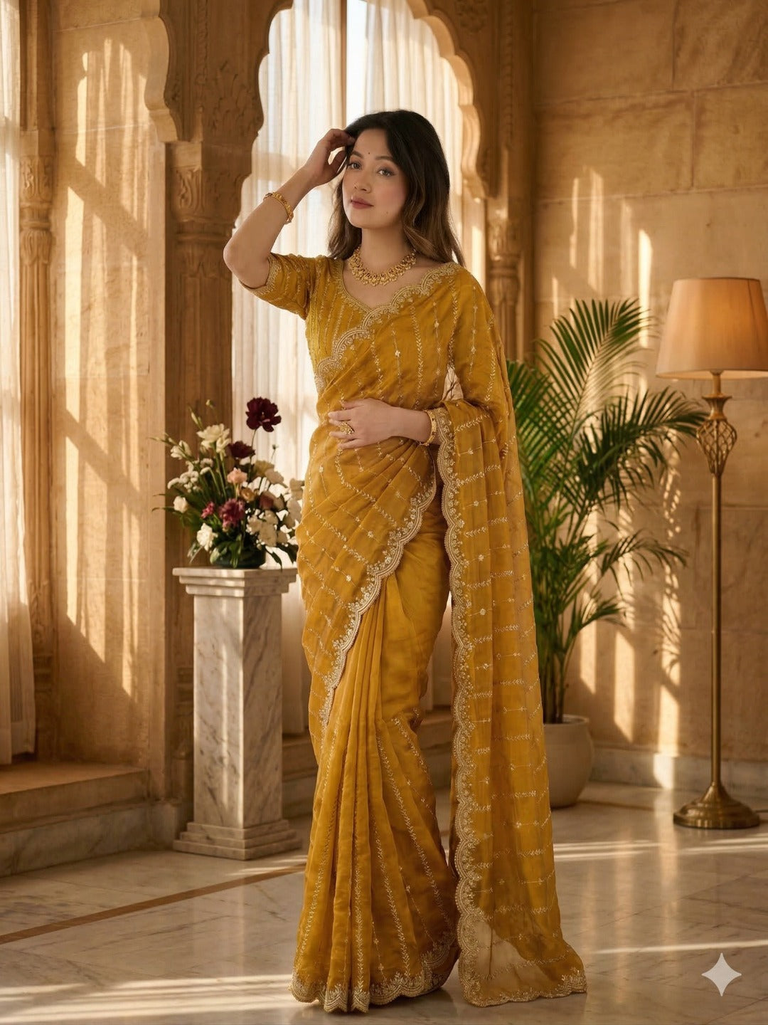 Maroon Embroidered Georgette Saree with Golden Zari Border