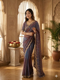 Maroon Embroidered Georgette Saree with Golden Zari Border
