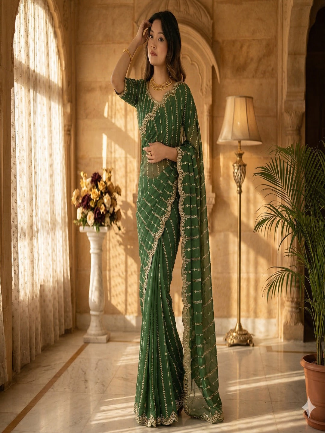 Maroon Embroidered Georgette Saree with Golden Zari Border