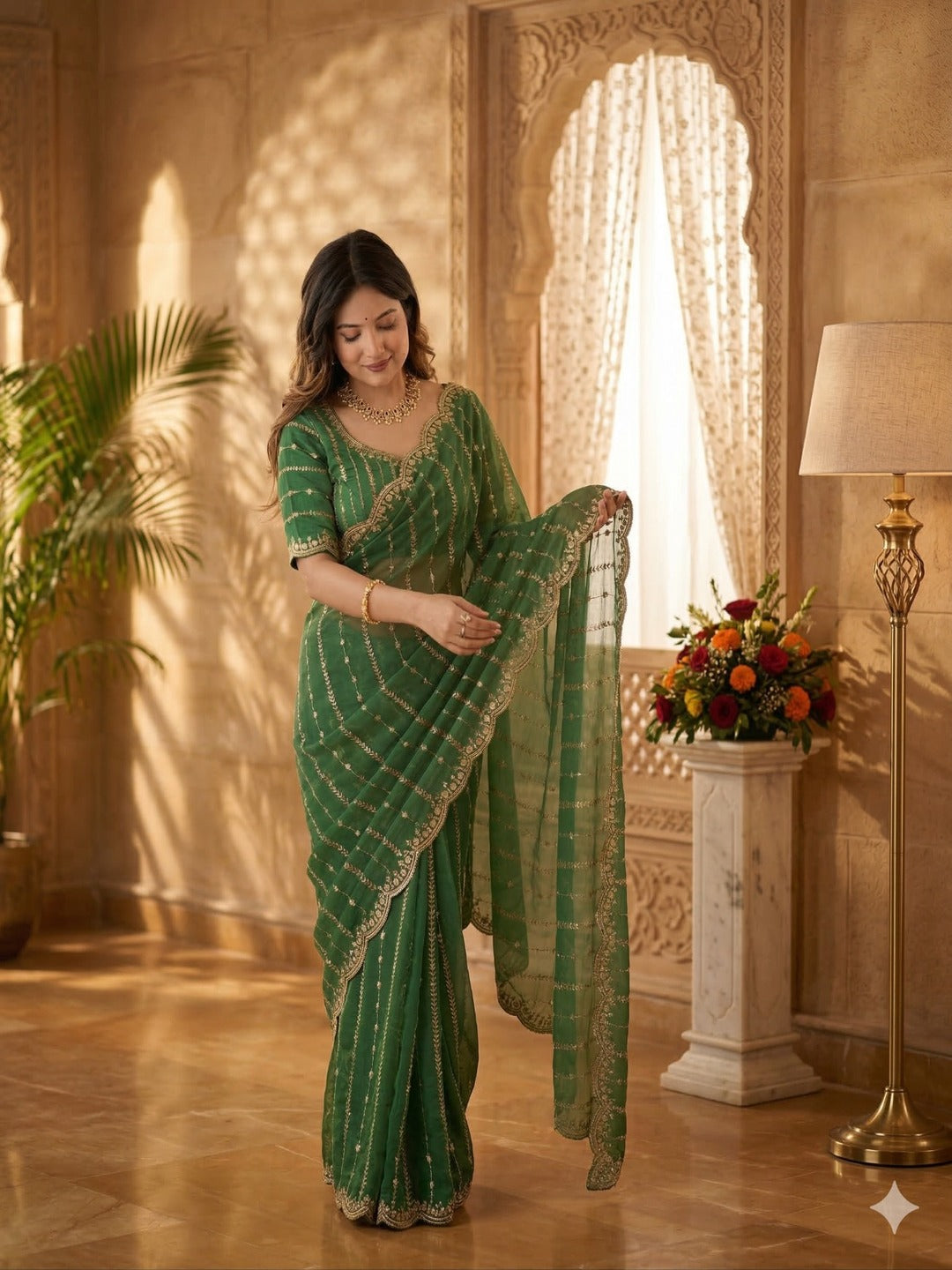 Maroon Embroidered Georgette Saree with Golden Zari Border