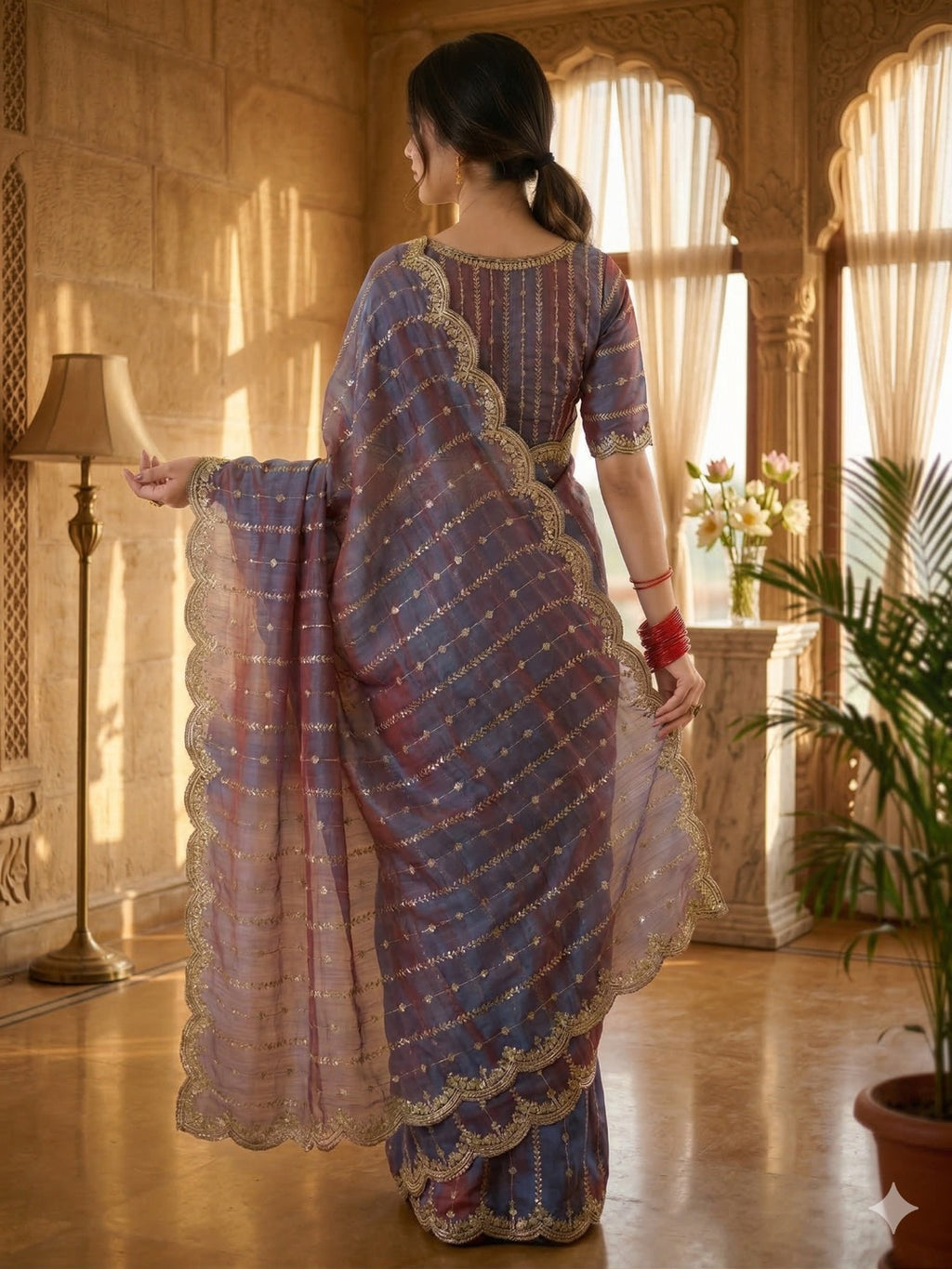 Maroon Embroidered Georgette Saree with Golden Zari Border
