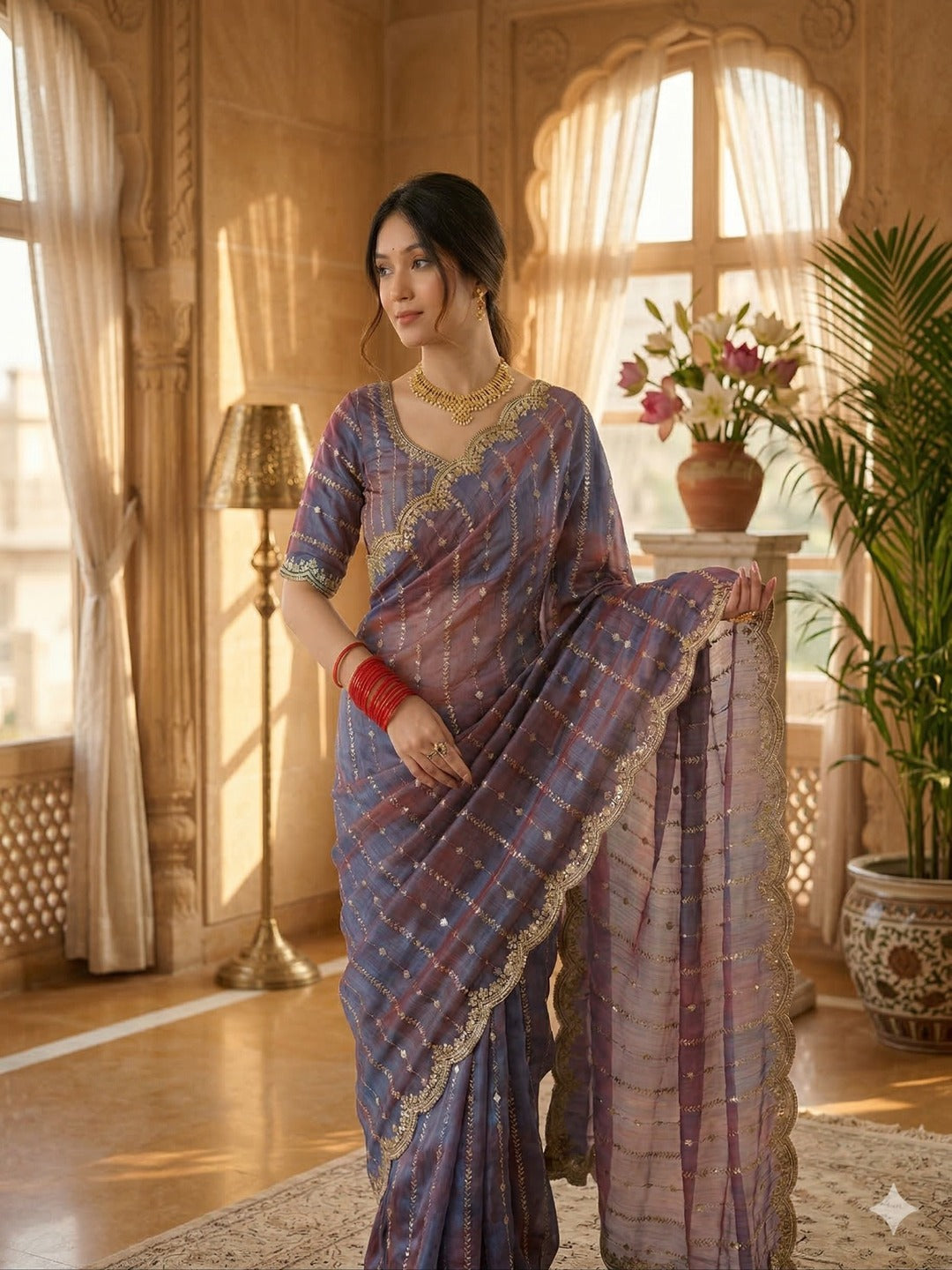 Maroon Embroidered Georgette Saree with Golden Zari Border