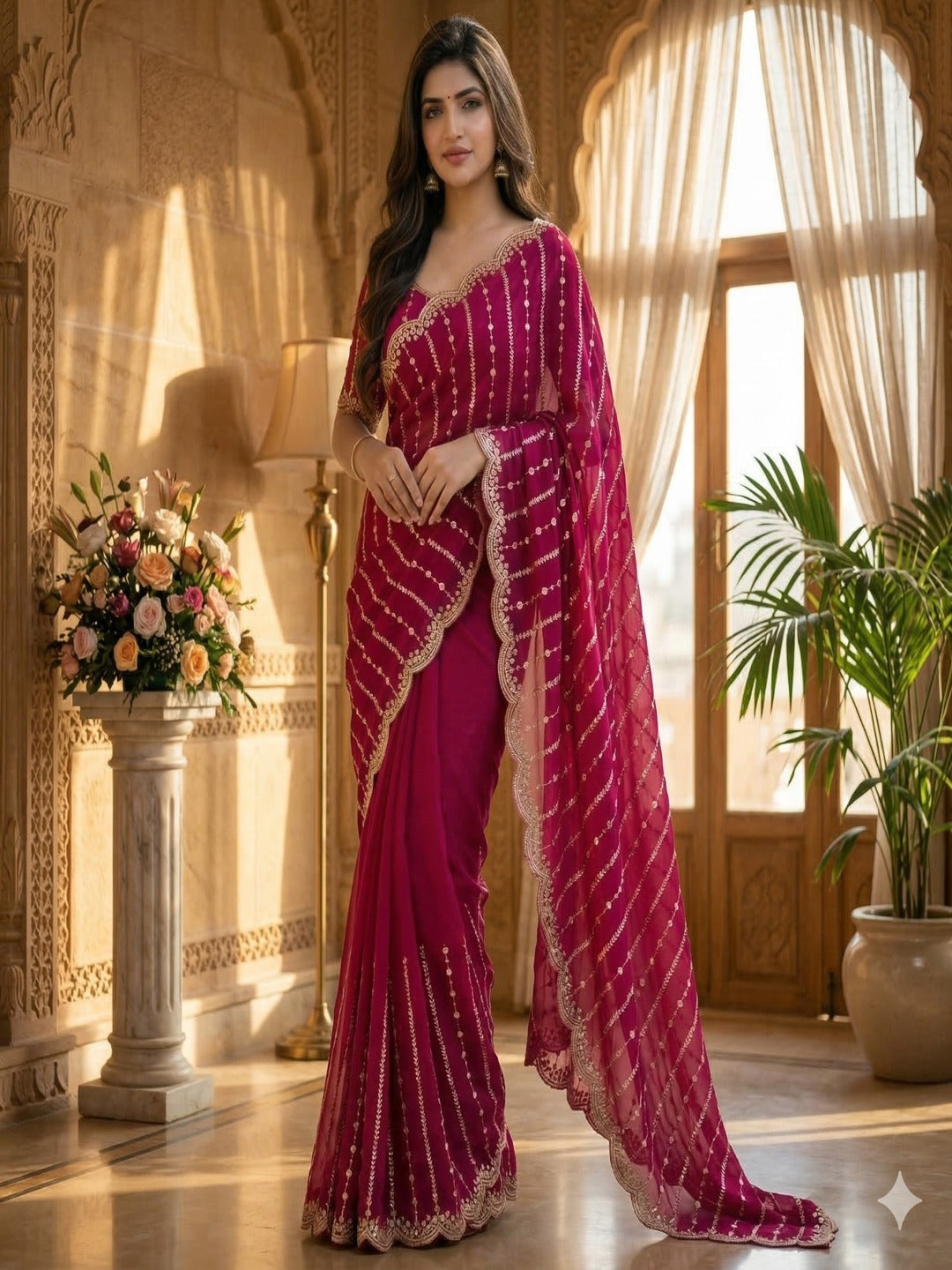 Maroon Embroidered Georgette Saree with Golden Zari Border