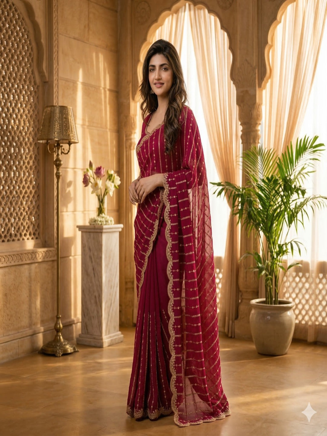 Maroon Embroidered Georgette Saree with Golden Zari Border