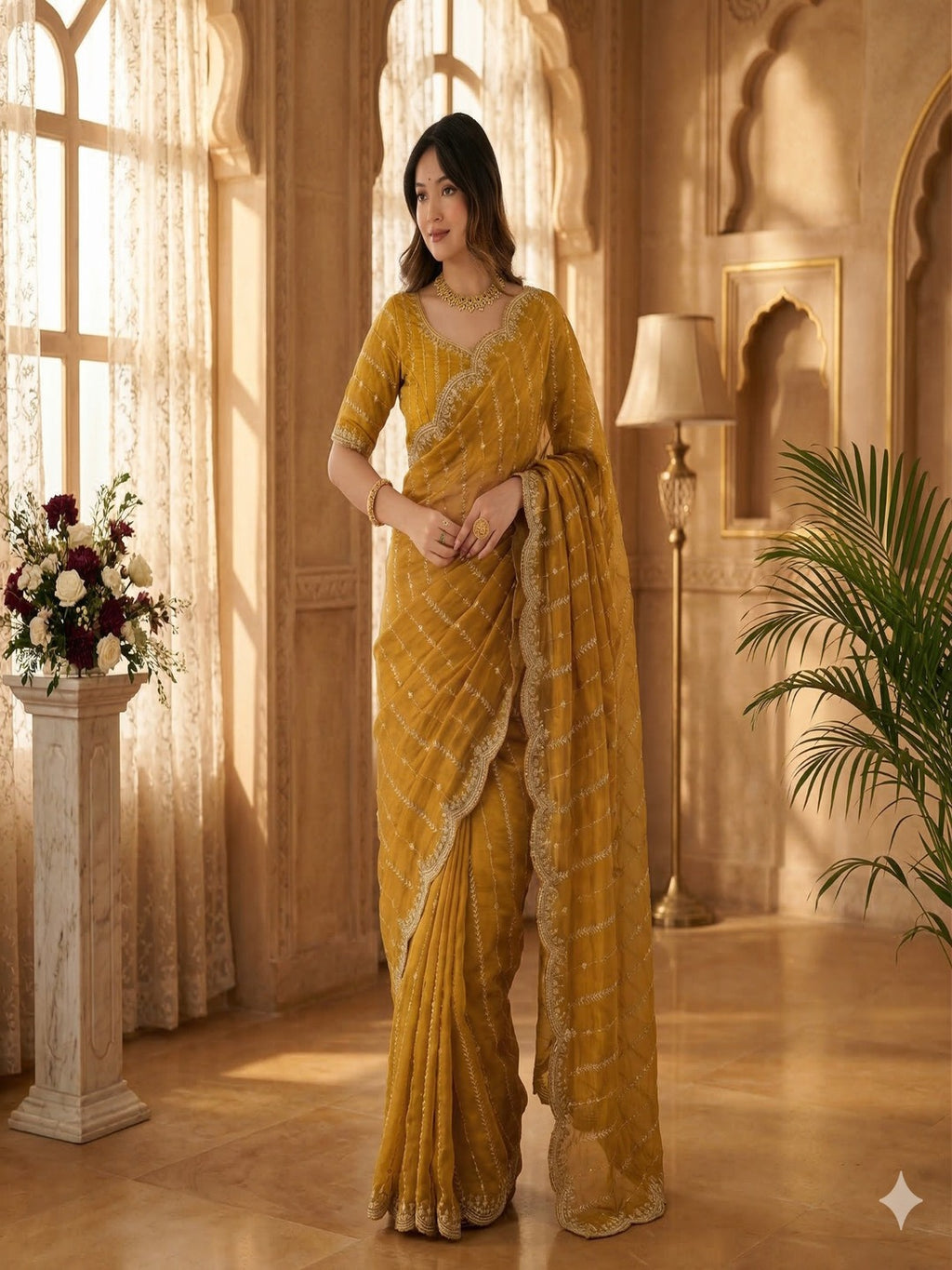 Maroon Embroidered Georgette Saree with Golden Zari Border