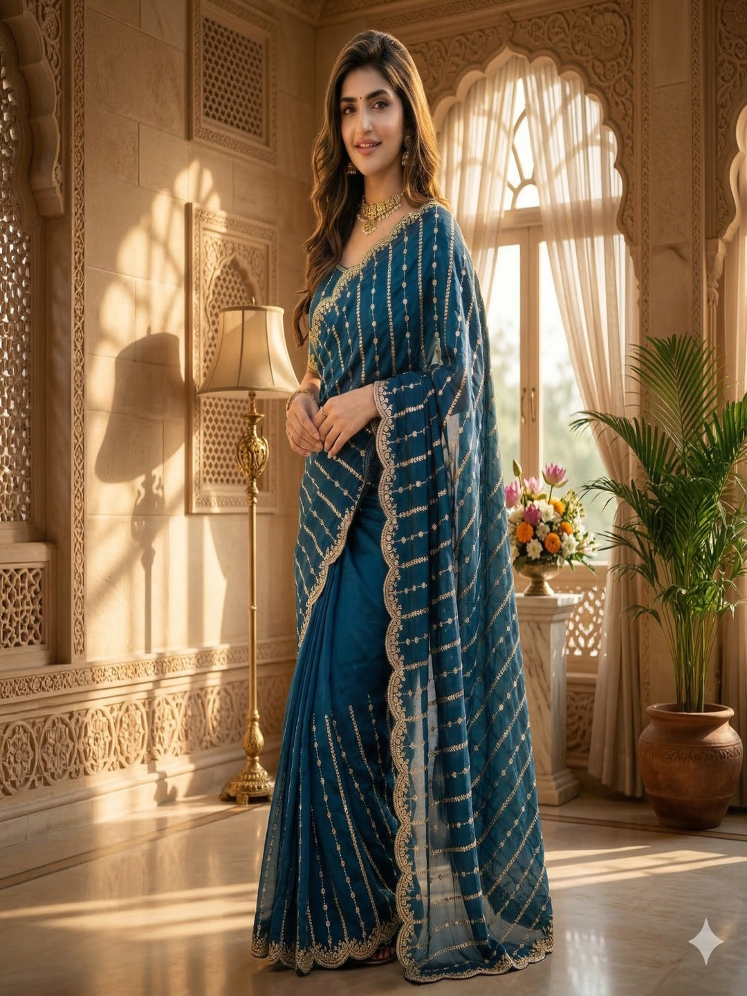 Maroon Embroidered Georgette Saree with Golden Zari Border