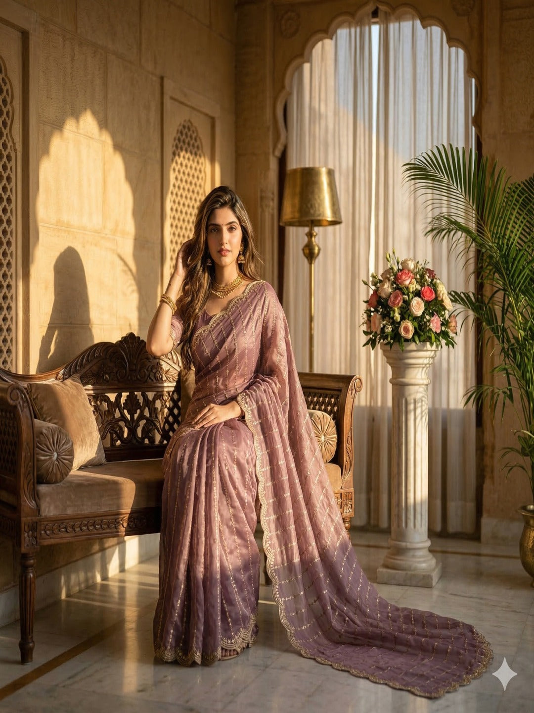 Maroon Embroidered Georgette Saree with Golden Zari Border