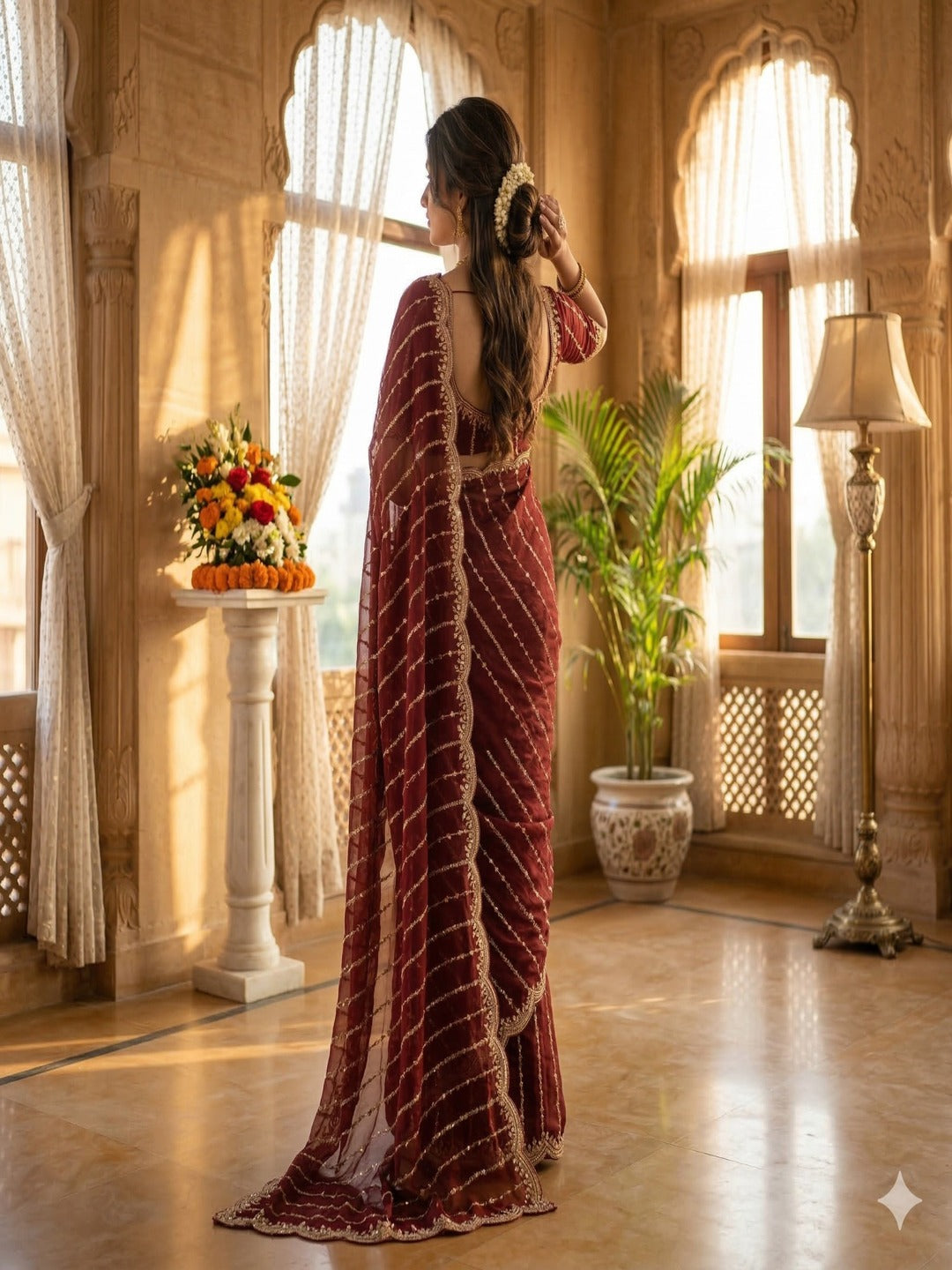 Maroon Embroidered Georgette Saree with Golden Zari Border
