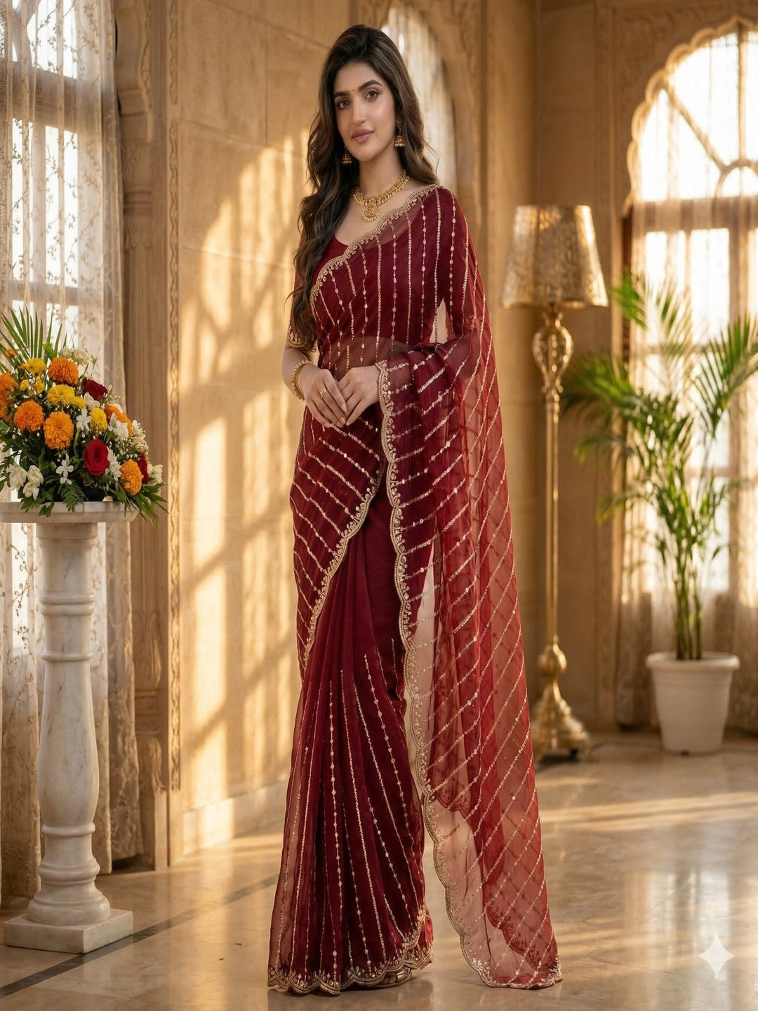 Maroon Embroidered Georgette Saree with Golden Zari Border