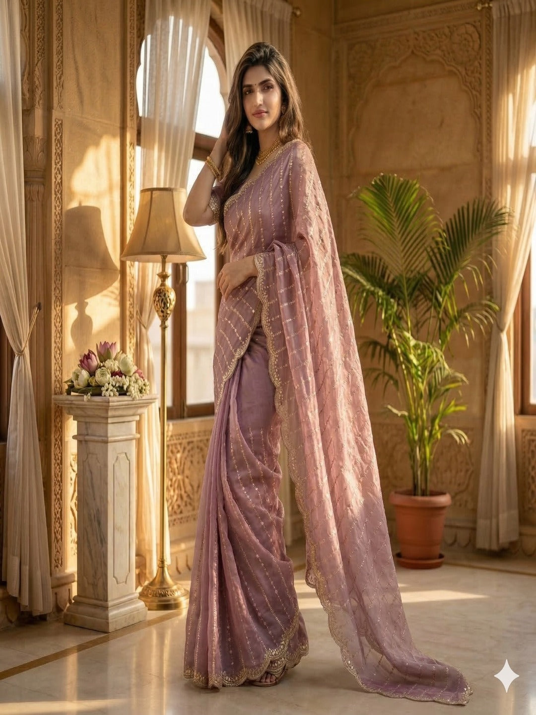 Maroon Embroidered Georgette Saree with Golden Zari Border