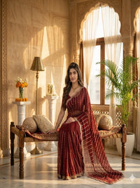 Maroon Embroidered Georgette Saree with Golden Zari Border