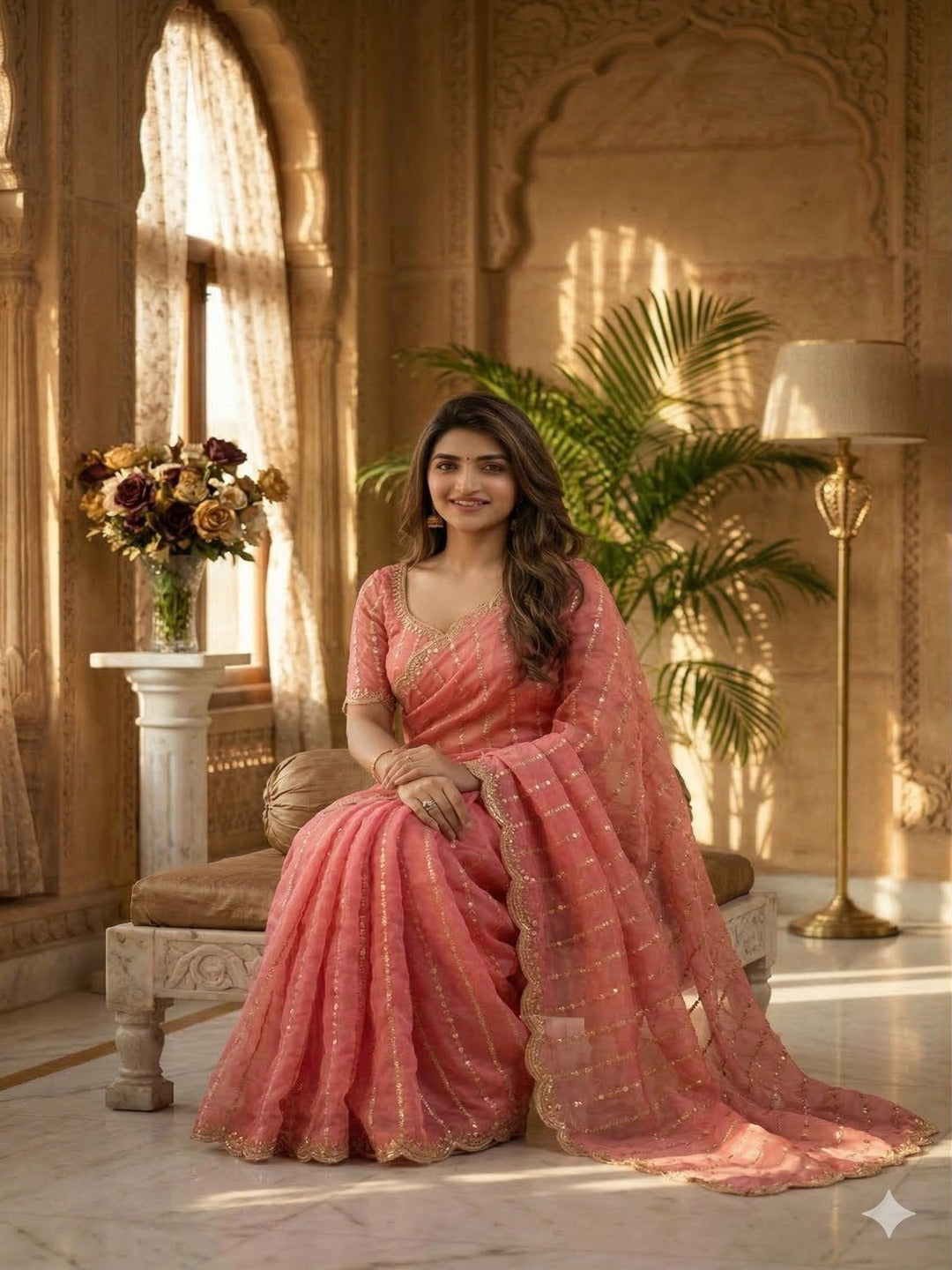 Maroon Embroidered Georgette Saree with Golden Zari Border