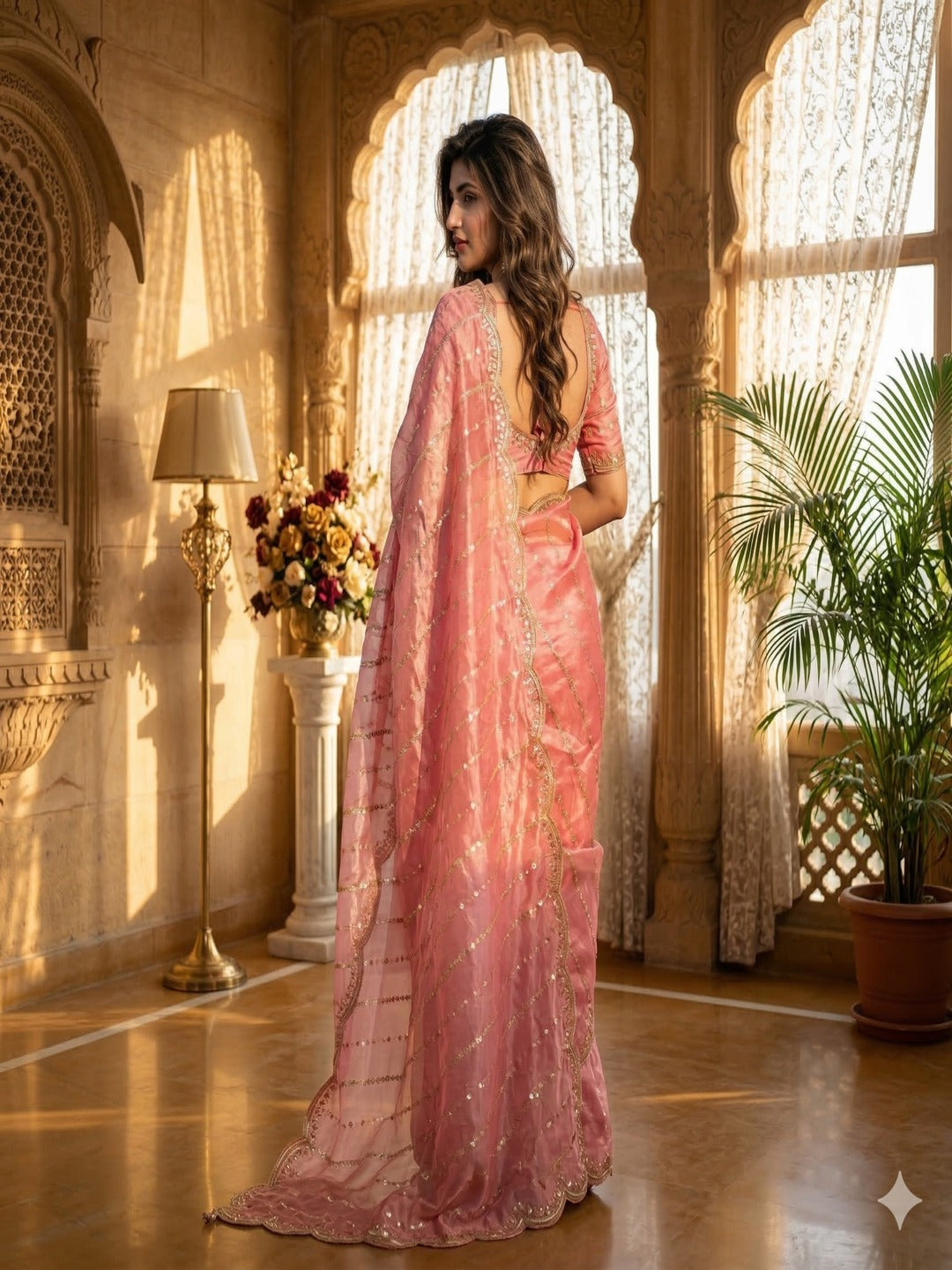 Maroon Embroidered Georgette Saree with Golden Zari Border