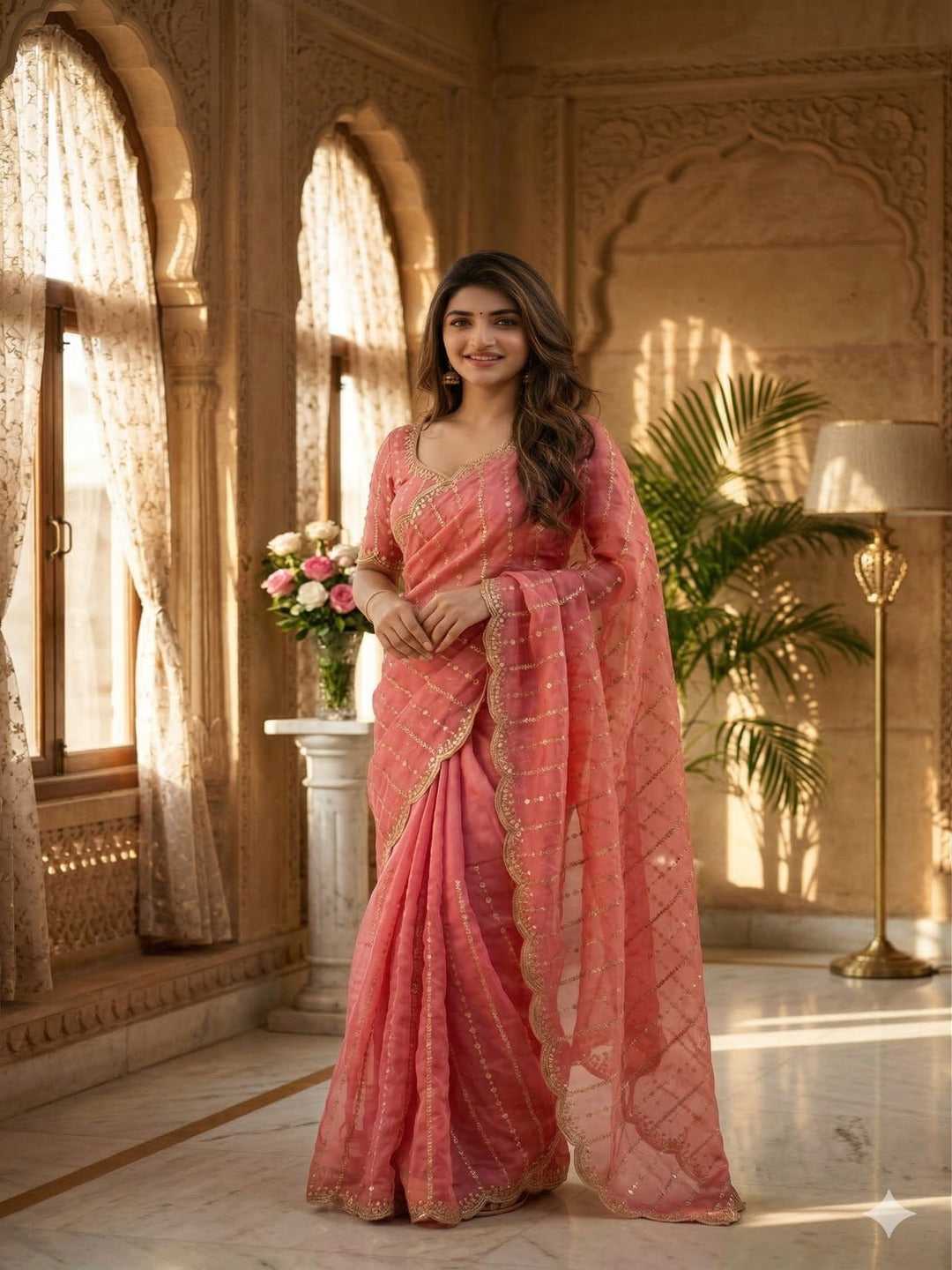 Maroon Embroidered Georgette Saree with Golden Zari Border