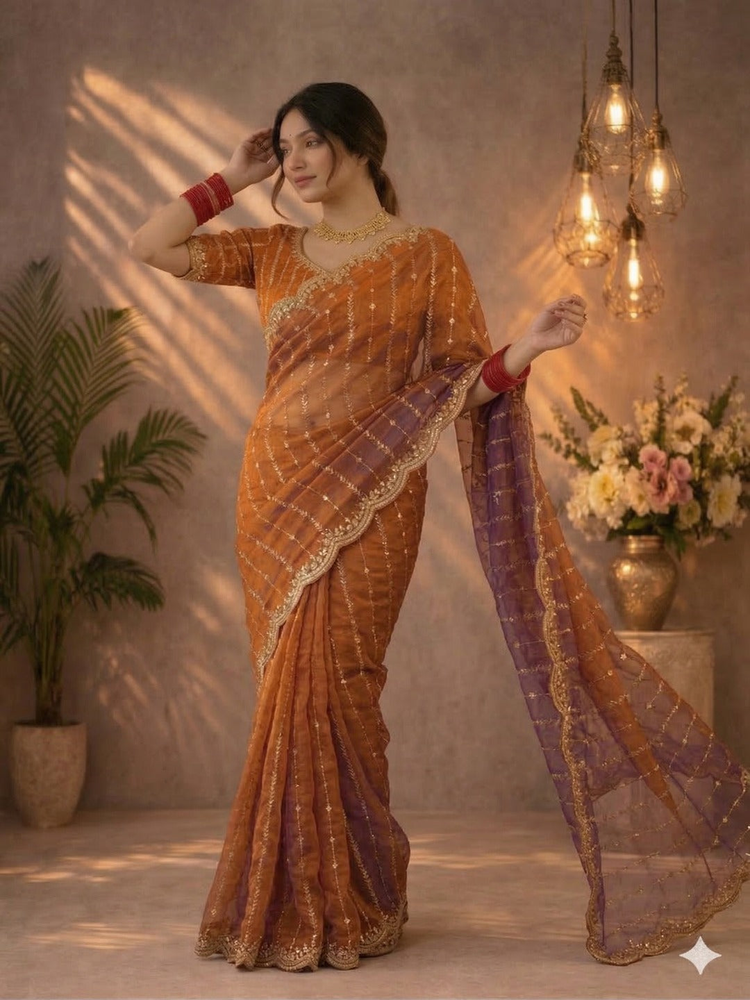Maroon Embroidered Georgette Saree with Golden Zari Border