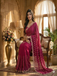Maroon Embroidered Georgette Saree with Golden Zari Border