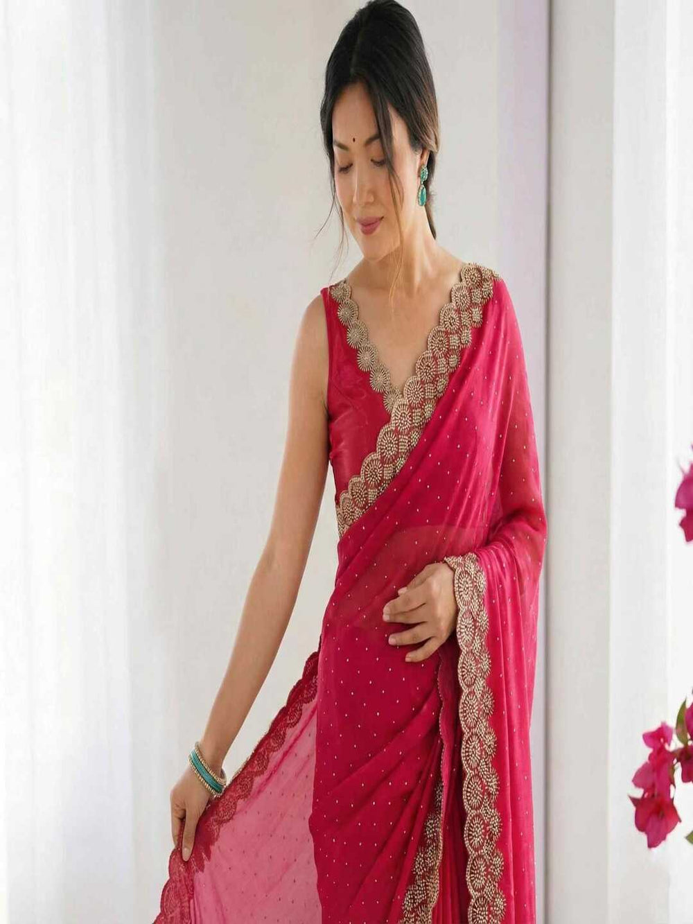 Elegant Maroon Georgette Saree with Golden Embroidered Border – Party & Festive Wear
