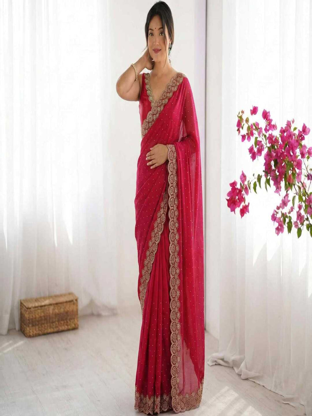 Elegant Maroon Georgette Saree with Golden Embroidered Border – Party & Festive Wear