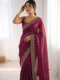 Elegant Maroon Georgette Saree with Golden Embroidered Border – Party & Festive Wear