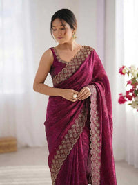 Elegant Maroon Georgette Saree with Golden Embroidered Border – Party & Festive Wear